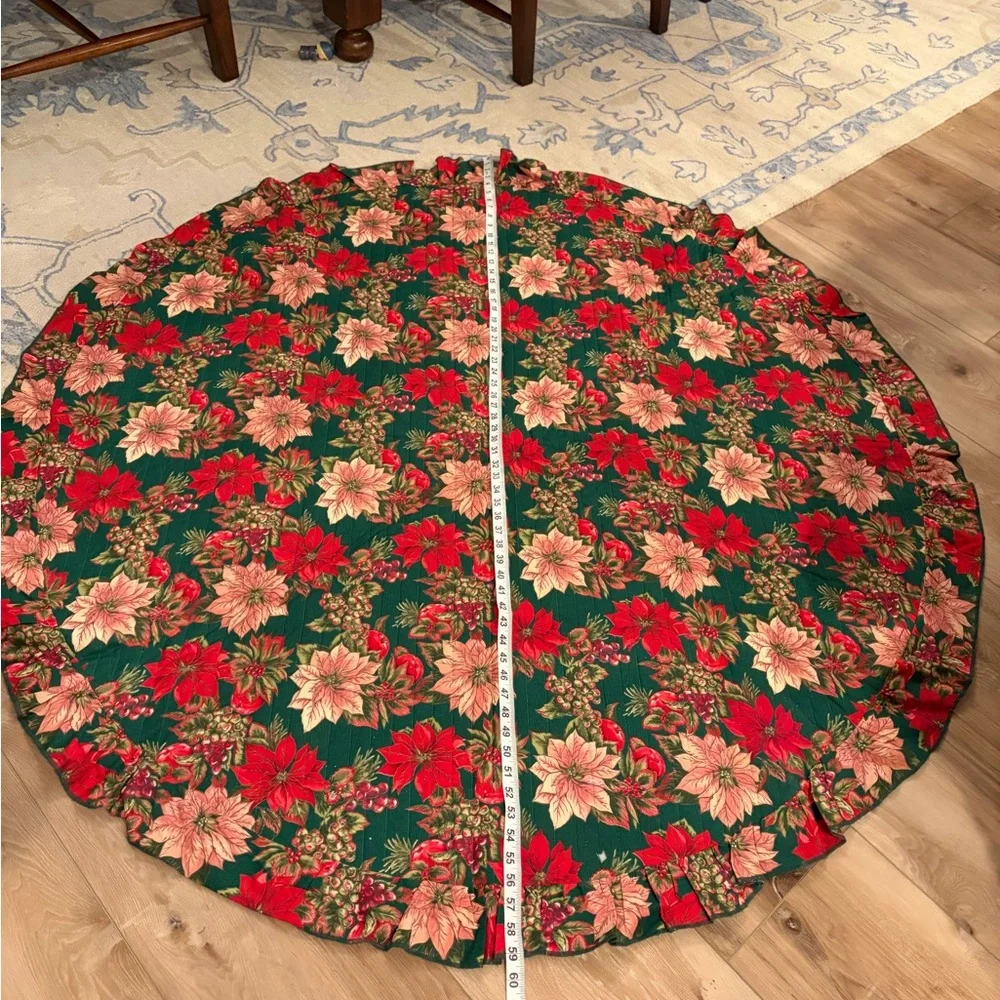 Vintage Christmas Tree Skirt Poinsettia Pomegranate Quilted Ralph Lauren Style